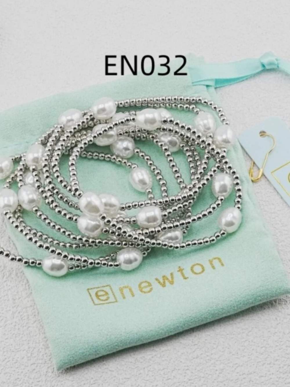 Enewton Silver Bead and White Pearl Stretch Bracelet Set